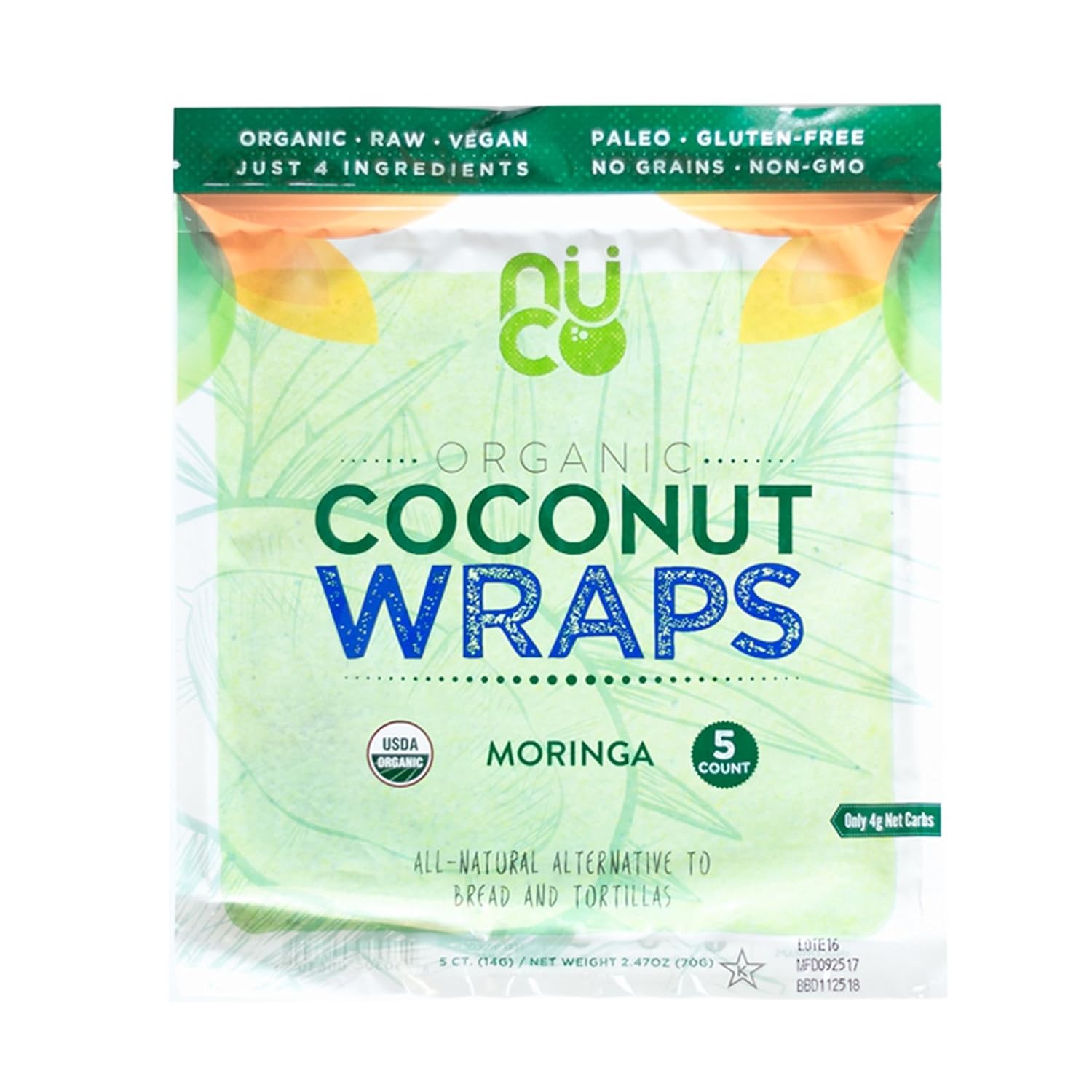 Organic Coconut Wraps, Moringa (5CT Pack)