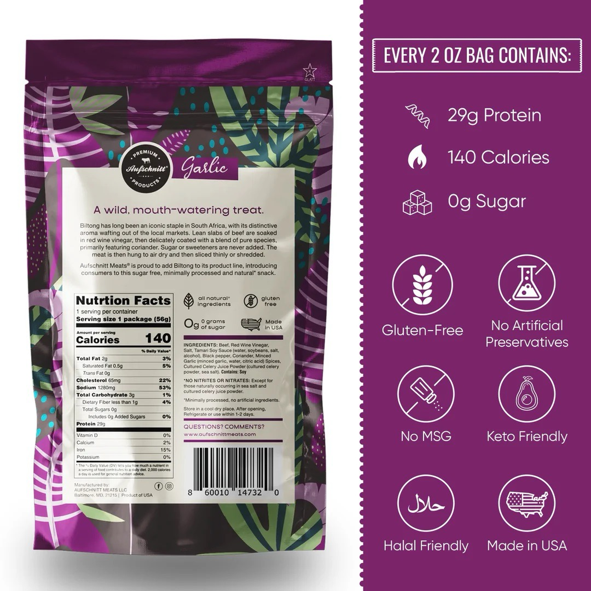 Aufschnitt Meats-Biltong Jerky, Garlic 2oz - Image 2