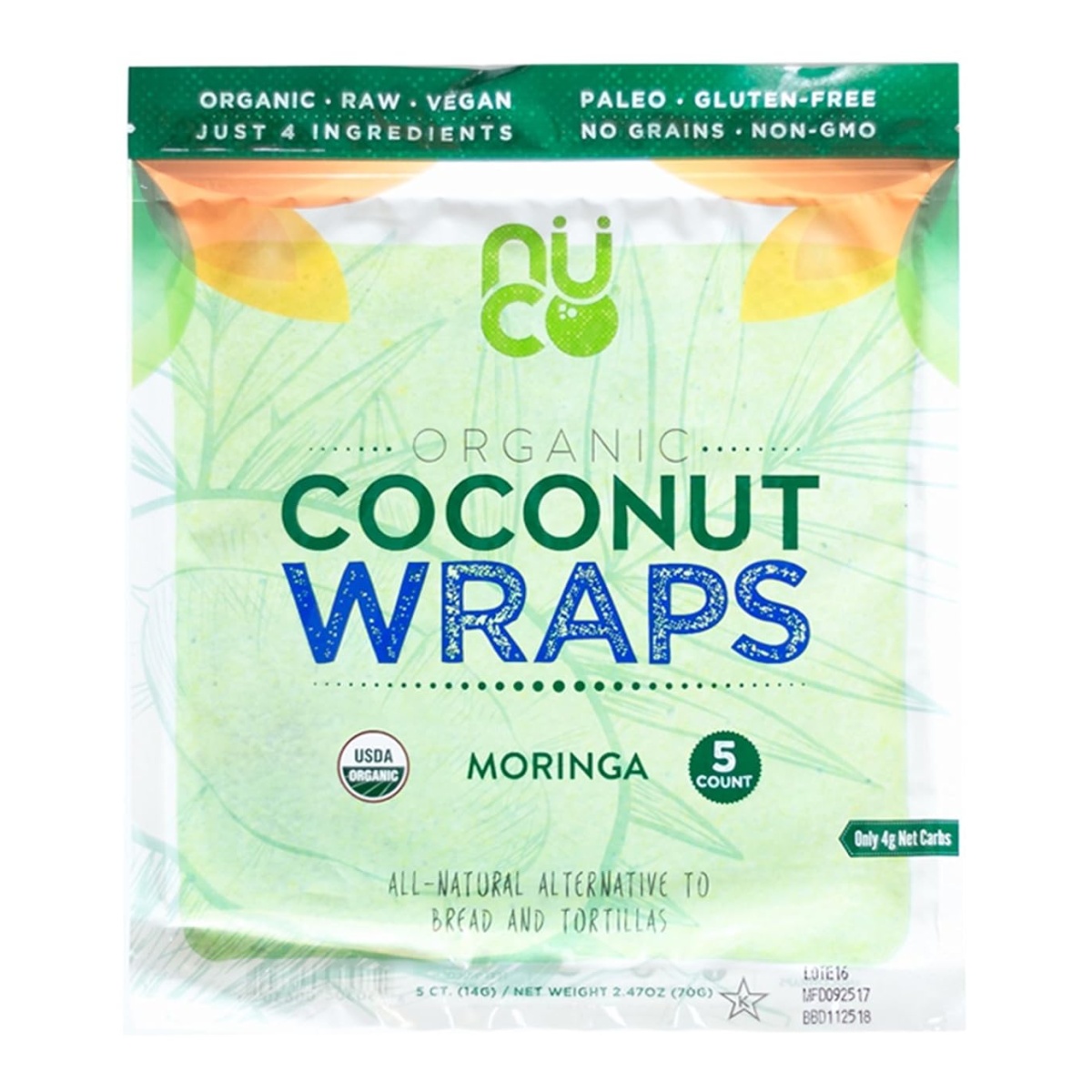 NUCO-Organic Coconut Wraps, Moringa (5CT Pack)