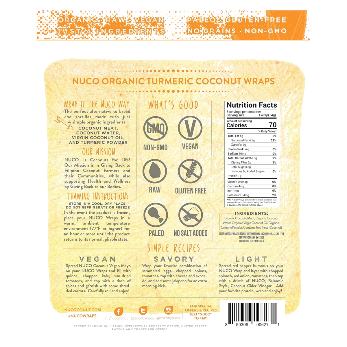 NUCO-Organic Coconut Wraps, Turmeric (5CT Pack) - Image 2