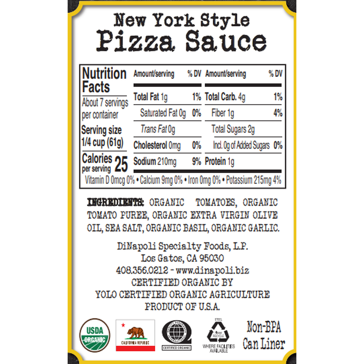 Bianco DiNapoli, Organic New York Style Pizza Sauce Canned, 15oz Pack Size 8 - Image 2